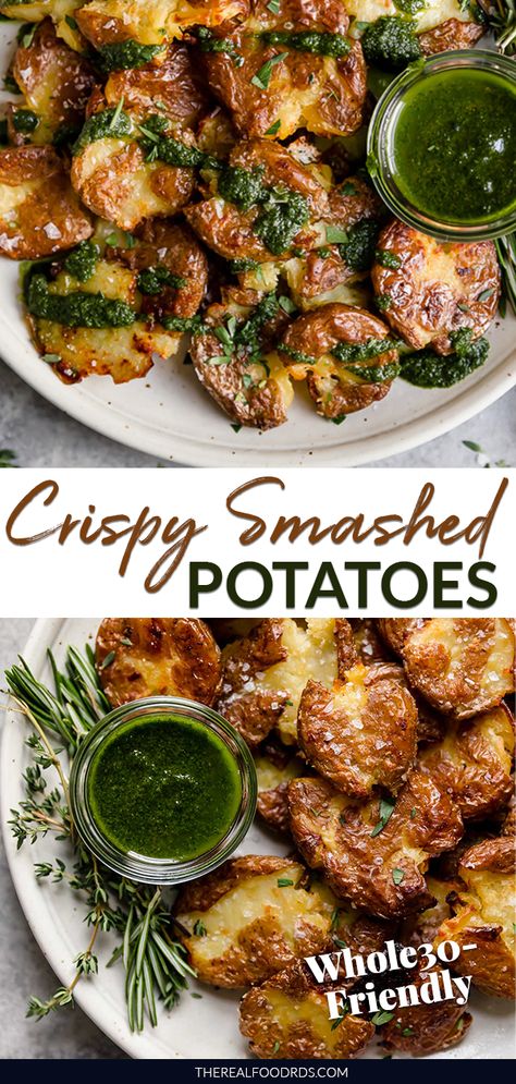 Potatoes Smashed, Whole 30 Vegetarian, Real Food Dietitians, Paleo Side Dishes, Crispy Smashed Potatoes, Paleo Sides, Paleo Recipe, Vegan Side Dishes, Side Dish Recipes Easy