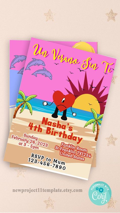 Bad Bunny Invitation Card Birthday Corjl Bad Bunny Invitation, Bad Bunny Birthday Invitation, Un Verano Sin Ti Bad Bunny Invitation, Bad Bunny Birthday Invitation, Bad Bunny Birthday, Bunny Invitations, Invitation Card Birthday, Bunny Party, Bunny Birthday, Card Birthday, Bad Bunny