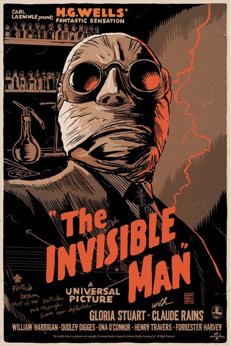 Universal Monsters, A Group Art Show Inspired by Classic Film Monsters Wallpaper Film, Mondo Posters, Poster Grafico, The Invisible Man, Futurisme Retro, Horror Vintage, Old Movie Posters, Film Vintage, Classic Movie Posters