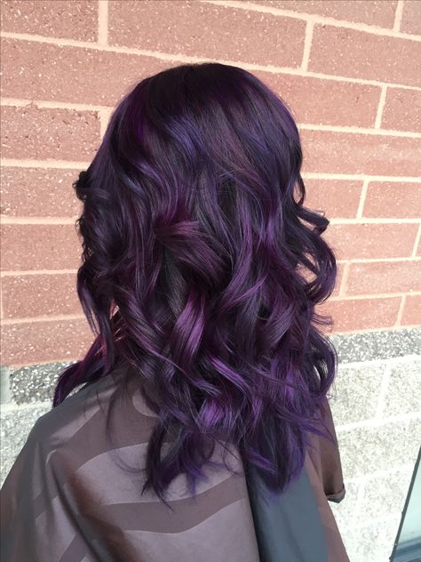 Purple balayage Dark Violet Balayage, Black Hair With Dark Purple Balayage, Dark Brown With Purple Balayage, Dark Hair With Purple, Purple Hair Ideas For Brunettes, Brunette Purple Balayage, Purple Bayalage Hair, Dark Purple Baylage Hair, Purple Hair Color Highlights