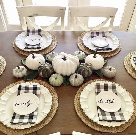 Thanksgiving Tablescapes by Twisted Cotton Farmhouse with buffalo check and pumpkins Beautiful Thanksgiving Table Settings, Beautiful Thanksgiving Table, Thanksgiving Dinner Table, Thanksgiving Table Settings, Setting Ideas, Thanksgiving Tablescapes, Beautiful Table Settings, Thanksgiving Table Decorations, Farmhouse Fall