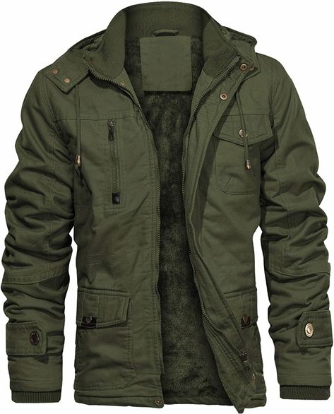 CHEXPEL Men's Cotton Military Jackets with Removable Hood Casual Winter Coat Windproof Work Outerwear Jackets Army Green XL at Amazon Men’s Clothing store Cargo Coat, Casual Winter Coat, Military Jackets, Wind Protection, Work Jackets, Fall Jackets, Cotton Fleece, Men Winter, Green Jacket