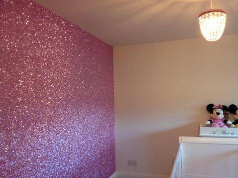 Pink glitter walls Pink Walls Bedroom, Pink Sparkle Wallpaper, Pink Glitter Paint, Glitter Wallpaper Bedroom, Glitter Accent Wall, Glitter Bedroom, Pink Painted Walls, Glitter Room, Glitter Paint For Walls