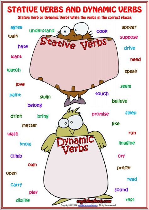 Stative Verbs or Dynamic Verbs ESL Grammar Worksheet Stative And Dynamic Verbs, Stative Verbs, Grammar Exercise, Action Verbs Worksheet, Verbs Esl, Verbs For Kids, Verbs Worksheet, Verbs Activities, Esl Grammar