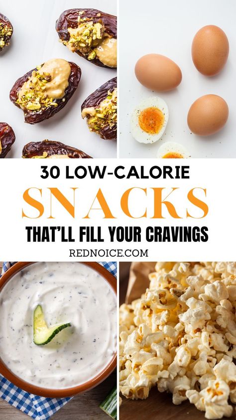 A collection of low-calorie snacks under 200 calories! The pin features low-cal snacks including hard-boiled eggs, salted popcorn, Greek yogurt dip with dills and cucumber slices, and peanut butter spread on dried dates with chopped pistachios. Snacks Under 200 Calories, Snacks Under 200, Dinners Under 500 Calories, Low Cal Snacks, Snacks Under 100 Calories, Curb Cravings, Filling Snacks, High Protein Low Calorie, No Calorie Snacks