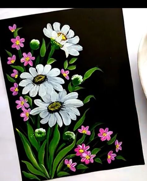 Black Background Easy Canvas Painting, White Flower Drawing On Black Paper, Canvas Painting Ideas Black Background, Flower Painting Black Background, Poster Color Painting Ideas Easy, Flowers On Black Background Painting, Black Canvas Art Ideas Easy, Flower Bouquet Drawing, Painting Flowers Tutorial