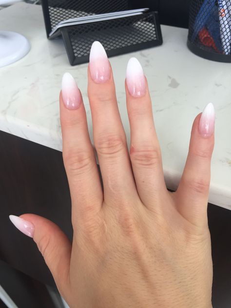 French ombré almond shaped French Ombre Acrylic Nails Almond, Faded French Nails Almond, Ombré Pink White Nails, French Ombre Tip Nails, Ombré Nails Almond Shape, Nail Ideas Ambre, American Almond Nails, Almond Boomer Nails, Ombré French Almond Nails