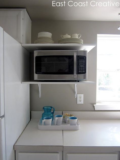 Outlet needs to be up on the shelf so to hide cord.  This could be done off of the side refrigerator box. Sleepout Ideas, Kitchen Open Shelves, Microwave Shelf, Cocina Ideas, Smitten Kitchen, Kitchen Diy, Trendy Kitchen, Unique Kitchen, Shelf Design