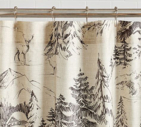 Rustic Forest Shower Curtain | Pottery Barn Winter Shower Curtain, Dark Floral Shower Curtain, Rustic Forest Pottery Barn, Neutral Cozy Bathroom, Rustic Cabin Window Treatments, Shower Curtain Fabric, Boy Bathroom Shower Curtain, Cozy Bathroom Shower Curtains, Rustic Shower Curtain