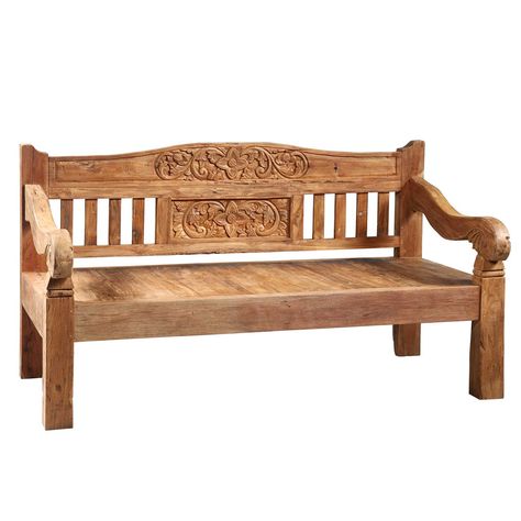 Daybed Bench, Hacienda Decor, Carved Bench, Sofa Design Wood, Wooden Sofa Set Designs, Teak Wood Furniture, Wood Daybed, Teak Bench, Wooden Sofa Set