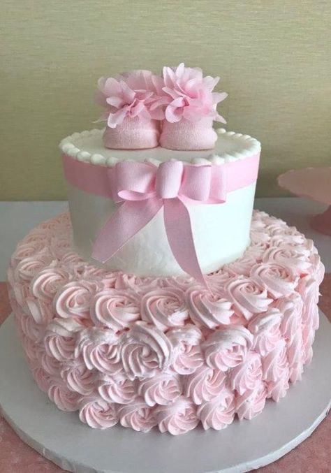 Baby Tiered Cake with Rosettes Baby Girl Cakes For Showers, Baby Girl Shower Cakes, Cake With Rosettes, Baby Shower Girl Cake, Italian Pastry Shop, Baby Girl Shower Cake, Pink Baby Shower Cake, Two Tier Cake, Baby Shower Cakes Girl