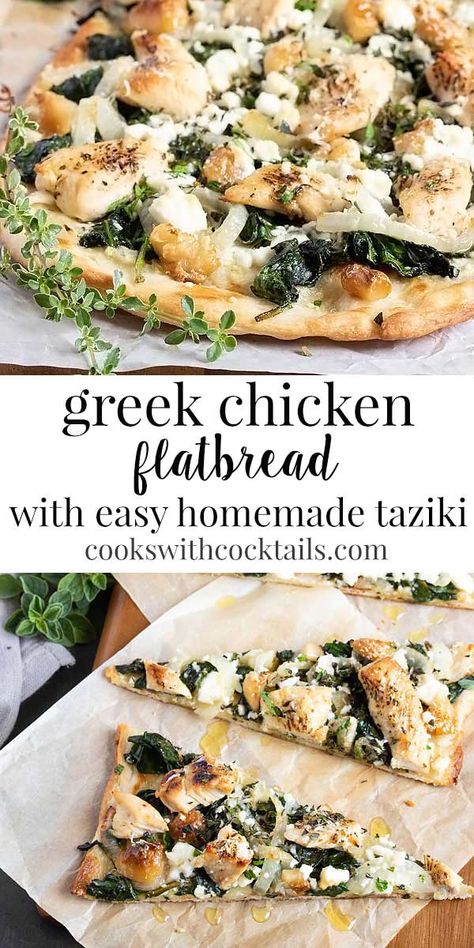 This Greek flatbread appetizer has the flavors of spanikopita & chicken souvlaki mixed together and then its topped with the BEST homemade tzatziki.  We love this easy appetizer because its a great make ahead appetizer for a party and when your ready to cook it, it takes a quick 10 mins in the oven! Perfect for holiday parties or a light lunch or an easy dinner. The homemade greek marinade is super easy and very flavorful! #cookswithcocktails #greekchicken #flatbread #pizza #homemadepizza Greek Inspired Dinner Recipes, Greek Chicken Flatbread, Greek Dinner Party Aesthetic, Greek Themed Party Food, Unique Lunch Recipes, Greek Easy Recipes, Greek Food For A Crowd, Flatbread Dinner Ideas, Spanikopita Chicken