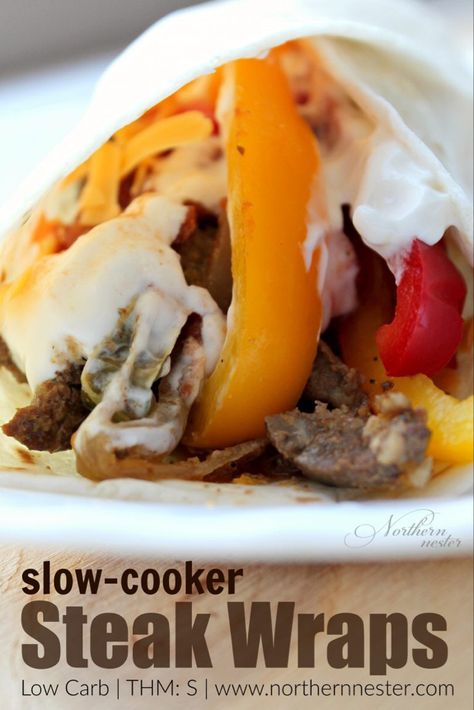 Slow Cooker Steak Wraps | THM: S - Northern Nester Thm Crockpot, Chocolate Covered Cheesecake Bites, Farm Meals, Thm Lunch, Chocolate Covered Cheesecake, Thm Meals, Steak Wraps, Slow Cooker Steak, Crockpot Meal