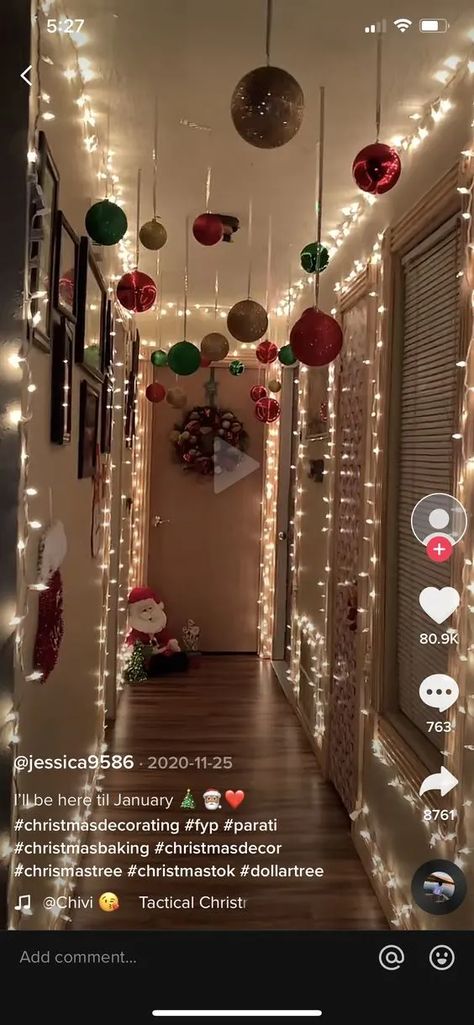 Decorations For Christmas House, Car Holiday Decorations, Christmas Decor For Apartments Small Spaces, Cute Christmas Decorations For House, Christmas Light Ceiling Decor, Lights And Ornaments On Ceiling, Indoor Christmas Decor Inspiration, Christmas Party Inspo Decor, Hallway Decorations Christmas