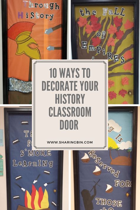 Sharing new ways to decorate your History classroom door World History Classroom Bulletin Boards, World History Bulletin Boards Middle School, Classroom History Decorations, World History Posters, History Class Decor, Us History Bulletin Boards High Schools, High School Social Studies Classroom Decorations, 8th Grade Us History Classroom Decor, Museum Classroom Theme