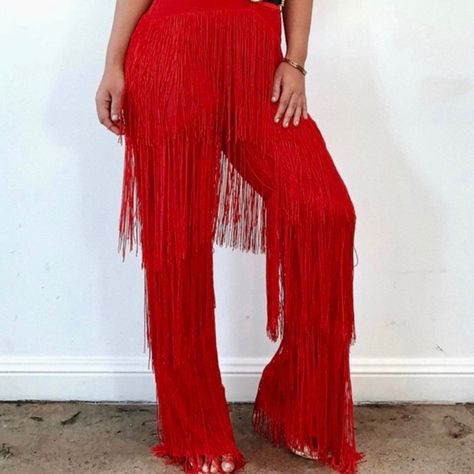 Pants Only! Bold Red Fringe Pants. These Pants Are So Beautifully Made. High Quality Fringe Fabric. Zipper Clasp Closure. Fringe Pants Outfit, Tassel Pants, Lil Mermaid, Fringe Pants, Fringe Fabric, Red Fringe, Beautifully Made, Red Pants, Bell Bottom Pants