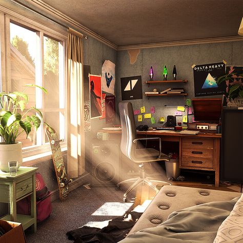 "Will's Room" by Jonjo Hemmens Room Lighting Reference, Room Reference Photo, Interior Design Bedroom Drawing, Rami Niemi, Room Reference, Messy Bedroom, Student Bedroom, Poster Images, Bedroom Drawing