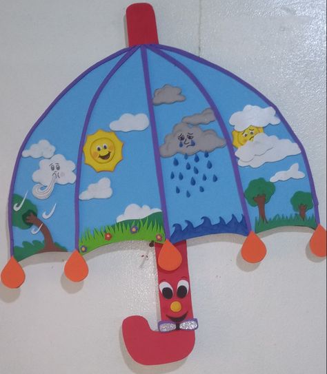 Rainy Season Decoration For School, Weather Art And Craft Preschool, Rainy Season Classroom Decoration, Weather Poster Project, Monsoon Decoration Ideas For School, Weather Mobile Craft, Weather Chart Ideas, Blue Day Decoration In Preschool, Rainy Season Board Decoration Ideas