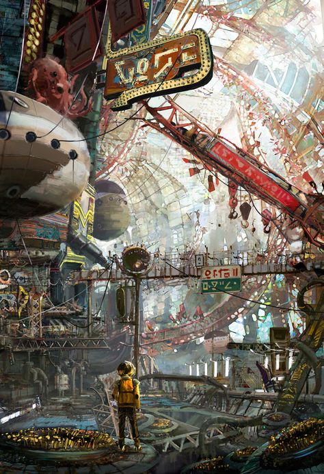 Scrappunk Art, Distopia Art, Cyberpunk City, Arte Cyberpunk, The Encounter, Fantasy City, Futuristic City, Science Fiction Art, Fantasy Art Landscapes