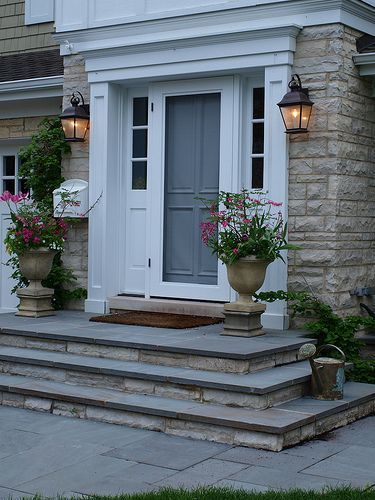 Bluestone front entry stoop | Front entry stoop with bluesto… | Flickr Concrete Front Porch, Front Door Steps, Front Porch Steps, Front Stairs, Front Stoop, Patio Steps, Doors Ideas, Building A Porch, Stone Steps