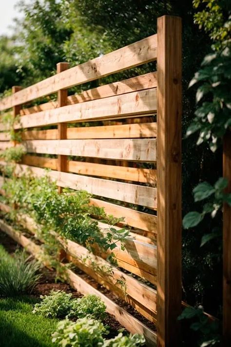 Wood Fencing Ideas, Wooden Fence Ideas, Wood Fence Ideas, Rustic Garden Fence, Horizontal Slat Fence, Garden Railings, Farmhouse Contemporary, Wood Fencing, Wood Fence Design