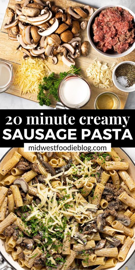 Sausage Mushroom Pasta, Lazy Food, Creamy Sausage Pasta, Wine Cream Sauce, Soup Fall, Sausage Mushroom, White Wine Cream Sauce, Sausage Rigatoni, Rigatoni Recipes