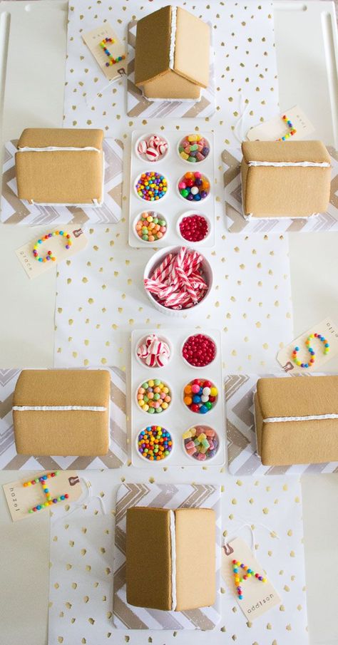 Wrapped the cardboard, personalized tags, paint containers for the candy Gingerbread House Decorating Party, Gingerbread House Decorating, Gingerbread House Parties, Gingerbread Party, Decorating Party, Gingerbread House Decorations, Kids Christmas Party, Christmas Gingerbread House, House Decorating