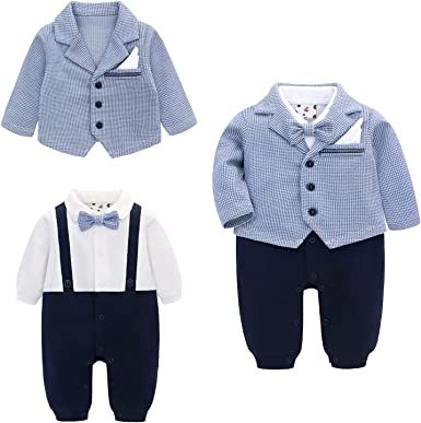 famuka Baby Boy Two Piece Suit Coat and Romper Outfit Infant Formal Suit Toddlers Wedding Tuxedo Baby Boy Wedding Outfit, Wedding Outfit For Boys, Wedding Tuxedo, First Birthday Dresses, Formal Suit, Baby Bedding Sets, Boy Clothing, Suit Coat