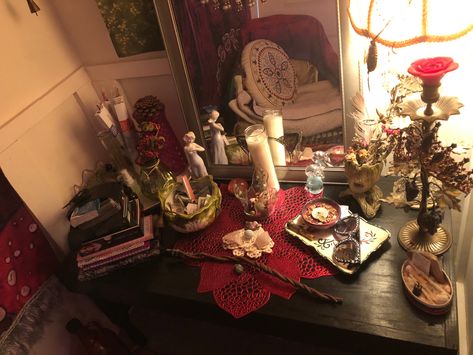 altar sacred space Altar For Persephone, Christian Altar Ideas, Deity Altar Ideas, Hades Altar Ideas, Sun Altar, Hermes Altar, Hades Altar, Persephone Altar, Altar Aesthetic