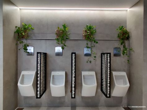 Office Interior With A Raw, Edgy Yet Welcoming Design Language | The Crossboundaries - The Architects Diary Interior Toilet Design, Men Toilet Design, Cafe Restroom Design, Restaurant Washroom Design, Office Restroom Design, Restaurant Toilet Design, Restaurant Restroom Design, Public Toilet Interior, Restaurant Bathroom Ideas