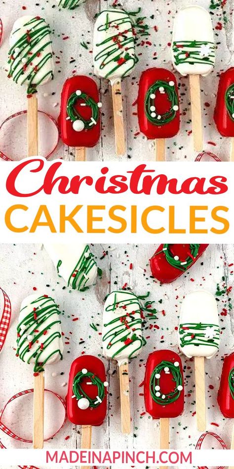 Christmas cakesicles are festive holiday cake popsicles (a.k.a., jumbo cake pops!) dipped in chocolate and decorated. This fun and delicious Christmas cake idea can be made ahead of time and is perfect for parties and handmade gifts. A cakesicle is a cake pop in the shape of a popsicle. Previously I made Ice Cream Cakesicles, which are fun and perfect for birthday parties or summer parties. | @made_in_a_pinch Cake Popsicles Christmas, Holiday Cakesicles, Christmas Cakesicles Ideas, Christmas Cake Popsicles, Cake Pop Popsicles, Christmas Cake Pops Ideas, Cakesicles Recipes, Popsicle Cake Pops, Christmas Cakesicles