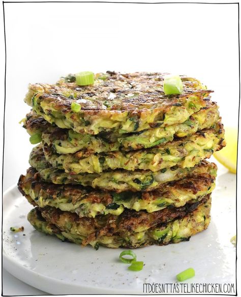 Easy Vegan Zucchini Fritters Vegan Zucchini Fritters, Vegan Zucchini Recipes, Vegan Greek Yogurt, Best Zucchini Recipes, Zucchini Fritters Recipe, Vegan Greek, Vegan Tzatziki, Vegan Coleslaw, Lemon Soup