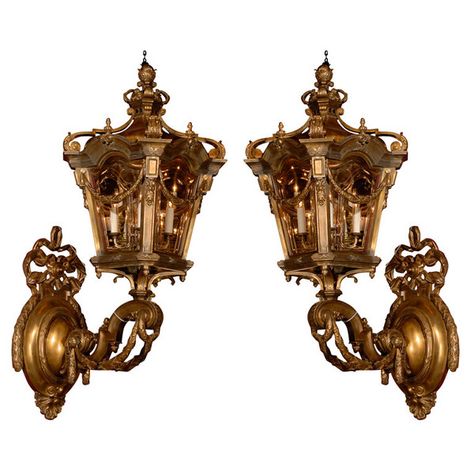 OnlineGalleries.com - Pair of lanterns with brackets Interior Wall Sconces, Wall Lights Sconces, French Glass, Birdcages, Iron Lamp, Vintage Wall Clock, Wood Wall Clock, Wooden Clock, Large Clock