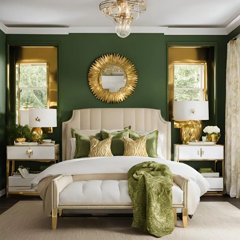 Gold Bedroom Ideas - Classic Bedroom Ideas Gold Bedroom Ideas for a Stylish Home Gold White Green Bedroom, Emerald Green Cream And Gold Bedroom, Gold And Sage Bedroom, Green And Gold Master Bedrooms Decor, Green And Gold Mood Board, Dark Green Gold Bedroom, Bedroom Gold Accents, Bedroom Ideas Gold, Classic Bedroom Ideas