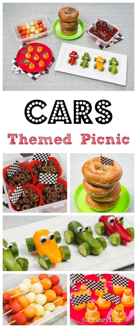 Disney Cars Themed Picnic Recipes - healthy fun food for kids that makes great party food too - Eats Amazing Car Themed Appetizers, Disney Party Food, Disney Party Foods, Fun Food For Kids, Themed Picnic, Healthy Picnic Foods, Blaze Party, Car Snacks, Disney Parties