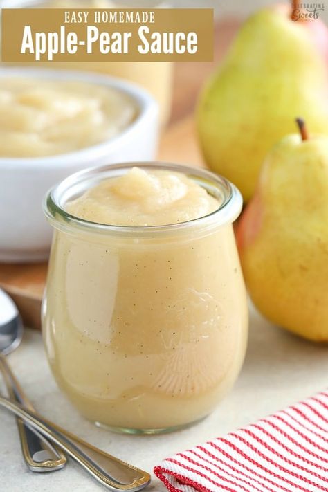 Homemade Apple Pear Sauce, Pear Applesauce Canning, Apple And Pear Recipes Healthy, Apple Pear Sauce Canning, Apple Pear Sauce, Pear Apple Sauce Recipes, Flavored Applesauce, Pear Applesauce, Pear Sauce Recipe Canning