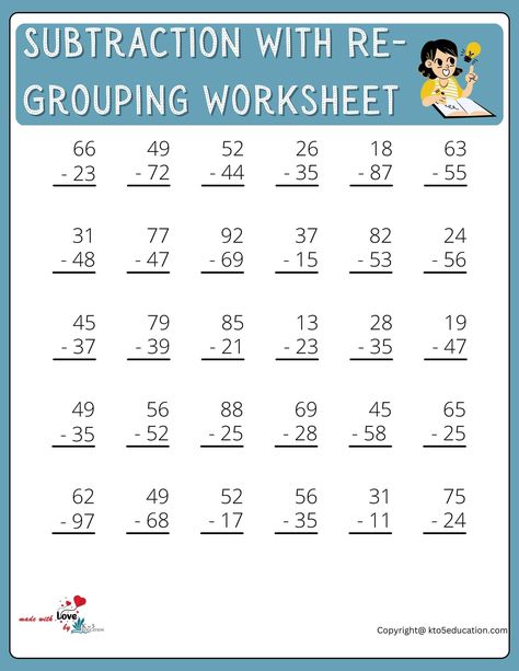 Free Printable Subtraction With Re-Grouping Worksheet | FREE Download Subtraction With Borrowing, Math Subtraction Worksheets, Class 1 Maths, Worksheet For Class 2, Worksheets For Class 1, Self Esteem Worksheets, Math Subtraction, Addition And Subtraction Worksheets, First Grade Worksheets