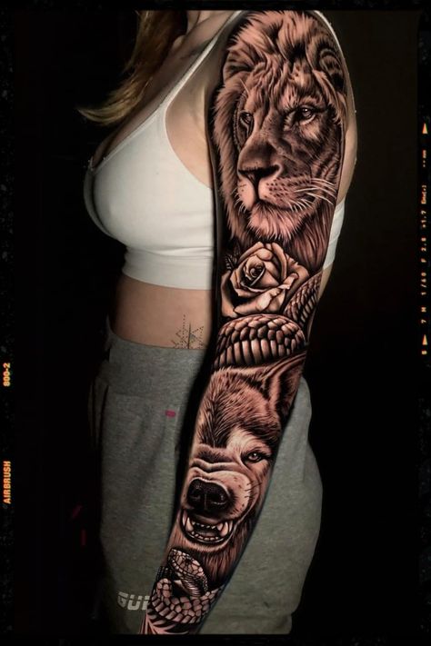 Sleeve Tattoo Inspiration Lion Sleeve Tattoo Woman, Animal Sleeve Tattoo For Women, Sleeve Tattoo Inspiration, Jungle Tattoo, Mujeres Tattoo, Arm Sleeve Tattoos For Women, Animal Sleeve Tattoo, Lion Tattoo Sleeves, Wolf Tattoo Sleeve