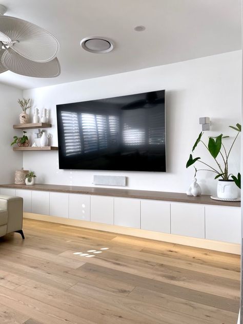 Large Tv Cabinet Ideas, Long Built In Tv Cabinet, Long Floating Tv Stand, Built In Cabinets Below Tv, Long Bench Under Tv, Long Tv Stand Ideas For Living Room, Recessed Led Strip Lighting, Long Tv Cabinet, Besta Tv Unit