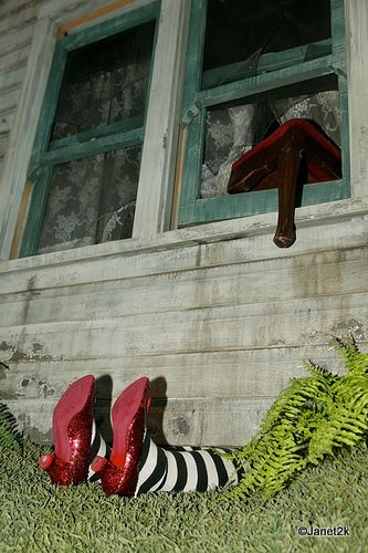 Ruby Slippers on Wicked Witch of the East Wizard Of Oz House On Witch, The Wizard Of Oz Art, Wizard Of Oz Aesthetic, Wicked Aesthetic, Wizard Of Oz Film, The Great Oz, Wizard Of Oz Pictures, Oz Aesthetic, Wizard Of Oz Witch