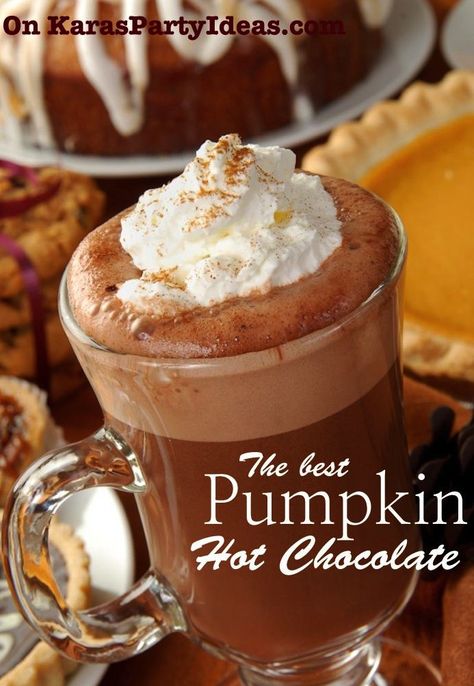 The best PUMPKIN HOT CHOCOLATE recipe via Kara's Party Ideas KarasPartyIdeas.com Perfect for fall or Christmas! Pumpkin Hot Chocolate Recipe, Pumpkin Hot Chocolate, Hot Chocolate Recipe, Chocolate Recipe, Best Pumpkin, Hot Chocolate Recipes, Delicious Pumpkin, Chocolate Drinks, Smoothie Drinks