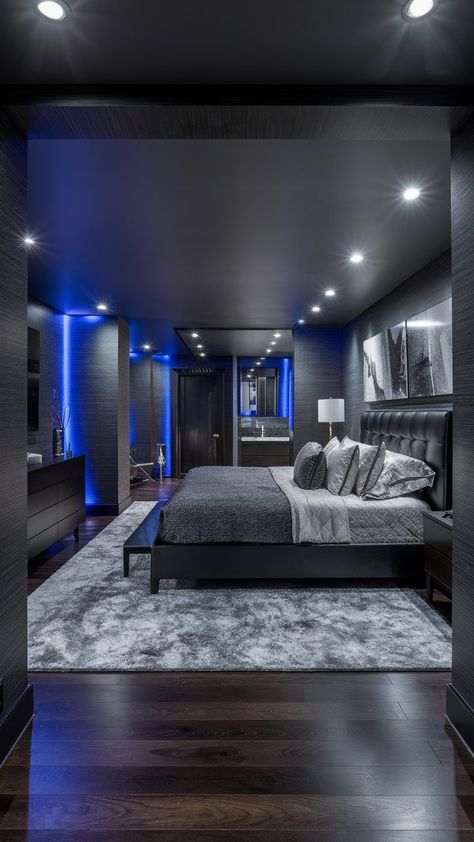 Black And Royal Blue Bedroom, Black And Blue Room Aesthetic, Blue Black Room, Black And Blue Room, Royal Blue Bedroom, Royal Blue Bedrooms, Dark Blue Rooms, Dark Blue Bedroom, Mansion Rooms