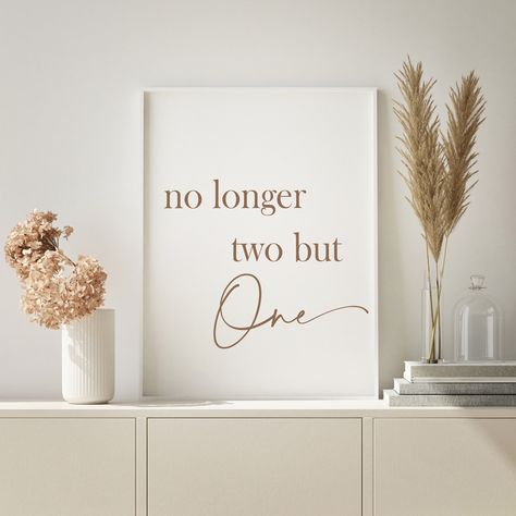 "No Longer Two, But One Sign, Mark 10:8, Wedding Bible Verse, Bible Verse art wall decor, Wedding Art, Christian wall art, Wedding Decor These wonderful wooden frames will add a rustic look to your home. The frame is completely handmade and made of pine wood. It was made by applying the visual printing technique on it. You can buy this product as a gift to a friend or use it to get praises in your own home. Dimensions are total measures. If you want to buy each one, please contact me. ** Dimensions ** * 8\"X12\"- 25X30 cm * 12\"x18\" - 30x45 cm * 20\"x16\" - 51X41 cm * 23\"x18\" - 59X46 cm * 27\"x21\" - 69X54 cm * 27\"x32\" - 82X69 cm If you want to buy more than one product, please contact me. Please contact me if you want a different wooden blank sign. For other handmade wood products pl No Longer Two But One Wedding Sign, Wedding Decor Christian, Christian Wedding Signs, Christian Beach Wedding, Christian Wedding Aesthetic, Christian Wedding Decorations, Christian Wedding Decor, Christian Wedding Ideas, No Longer Two But One