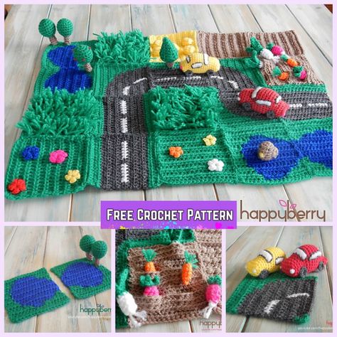 Crochet Road Play Mat Free Pattern for Kids Crochet Sensory Blanket, Crochet Playmat, Crochet Playset, Crochet Sensory Toys, Sensory Crochet, Road Play Mat, Crochet Toys Free, Crochet Car, Crochet Toddler