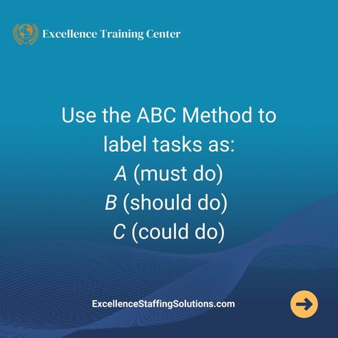 ⌚Time management is crucial for a nurse. Start your shift by listing all your tasks, then use the ABC Method to prioritize them. Label your tasks as A (must do), B (should do), and C (could do). This approach ensures essential tasks get completed first, helping you stay organized and focused throughout your shift. . . #excellencetrainingcenter #connecticuthealth #nurselife #nursegrind #nursemotivation #nurseonduty #nursesrock #nursetips #nursingcoach #nursecoach Abc Method, Nursing Motivation, The Abc, Training Center, Nurse Life, Stay Organized, Time Management, Abc, Health