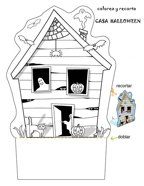 Actividades Halloween Colorea y recorta la casa de miedo House Worksheet, Haunted House Pictures, Halloween Teaching, Imprimibles Halloween, Halloween Planner, Halloween Infantil, Halloween Worksheets, Casa Halloween, House Print