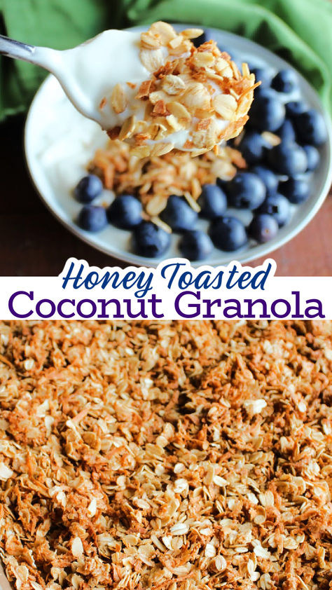 This homemade coconut granola recipe is so easy to put together and so much more affordable than buying it at the store. Plus you can customize it however you would like. It is great with yogurt and fruit, but is also tasty snacked on plain. It's a great breakfast or snack that can be made ahead and stores well. Granola With Coconut Oil, Coconut Chia Granola Recipe, Coconut Flakes Recipe, Coconut Granola Recipe, Granola Balls, Soft Granola, Granola Coconut, Postpartum Meal, Yogurt And Fruit