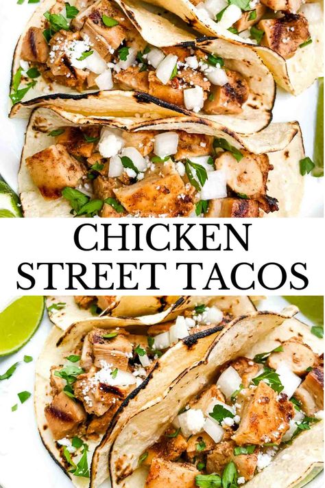 Chicken Street Tacos are a great Mexican recipe dinner idea for taco night! Made with chicken thighs in a citrus spice marinade and grilled or baked. Gluten free. Chicken Thigh Mexican Recipes, Chicken Marinade For Tacos, Street Taco Chicken, Street Chicken Tacos, Street Tacos Recipe Chicken, Chicken Thigh Tacos, Mexican Chicken Thighs, Grilled Chicken Street Tacos, Chicken Street Tacos Recipe