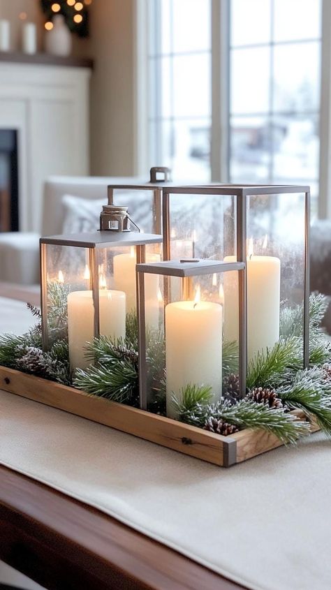 15 Stunning Winter Centerpieces To Transform Your Table Dining Table Winter Decor, Winter Island Centerpiece, Winter Dining Table Centerpiece, Winter Dining Room Table Decor, Winter Dining Room Decor, Winter Centerpieces For Table, Winter Table Centerpieces, Birch Bark Candles, Center Piece Ideas