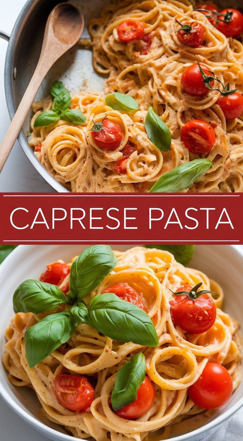 Discover the perfect summer dish with our Caprese Pasta recipe. Fresh tomatoes, mozzarella, and basil combine for a quick and delicious Italian-inspired meal. Caprese Pasta Recipe, Pasta One Pot, Pasta With Tomatoes, Tomato Mozzarella Basil, Mozzarella Pasta, Tomatoes Mozzarella, Caprese Pasta, Mozzarella Recipes, Tomato Mozzarella